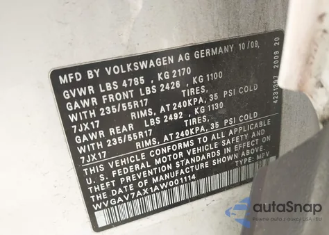 2010 Volkswagen Tiguan Se z USA, uszkodzony, nr VIN WVGAV7AX1AW001114